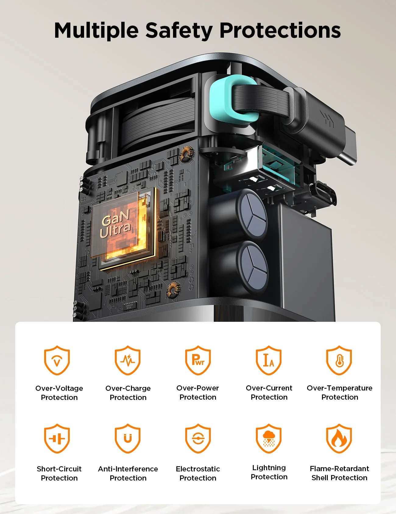 (65W) 3in1 2x USB C / 1x USB A GaN Ladegerät Netzteil mit ausziehbarem Ladekabel Power Delivery   Netzkabel (JR-TCL02) - Schwarz