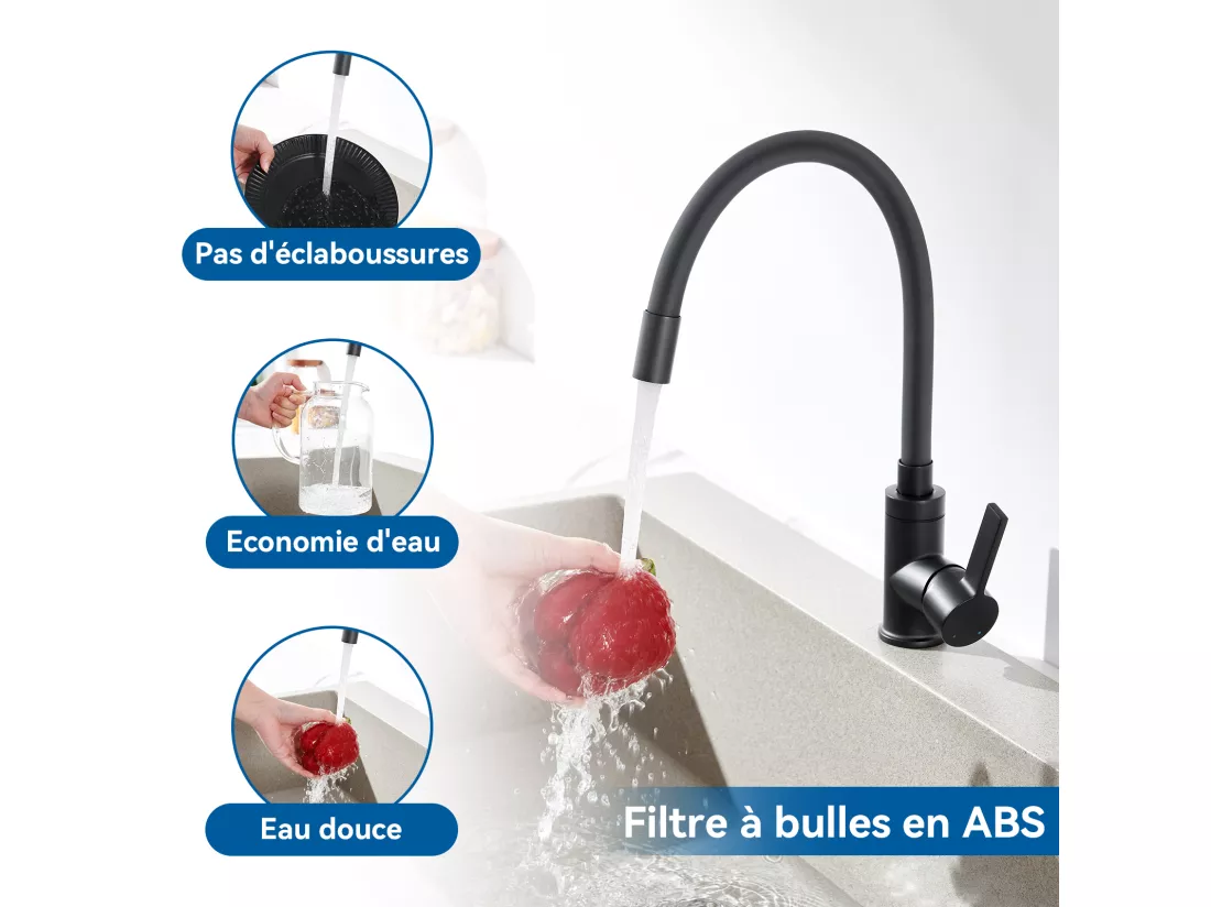 2pcs Mitigeur Cuisine Flexible Bec Haut Orientable Librement Mitigeur Évier Flexible Pivotant 360° Robinet Evier Eau Chaude/Froide,Noir