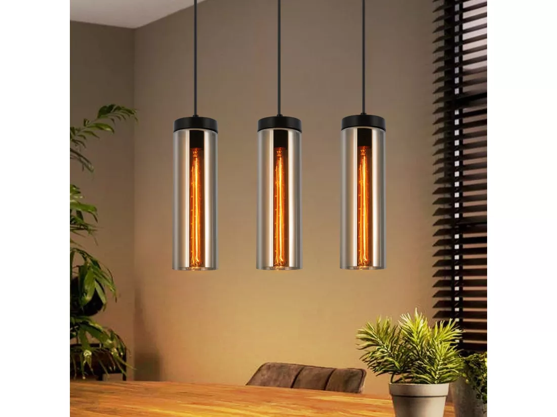 Lampe à Suspension Pour Table à Manger En Verre Noir Mat Rétro 3 Flammes E27