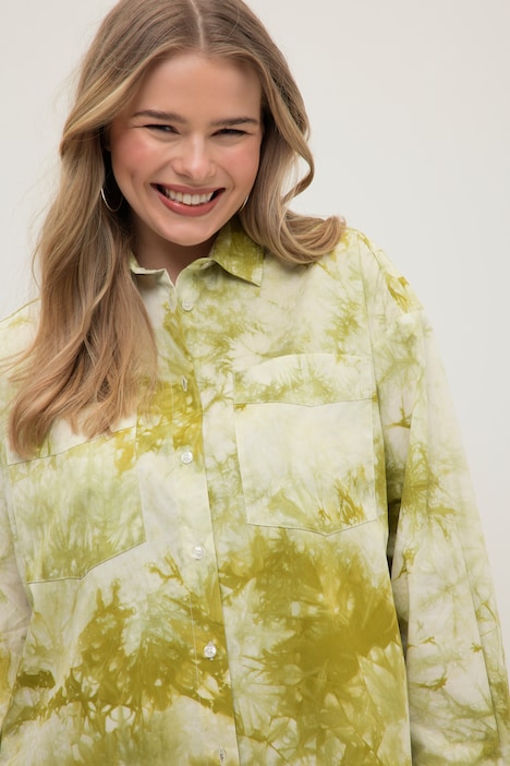 Hemdbluse, oversized, Hemdkragen, Langarm, Batik