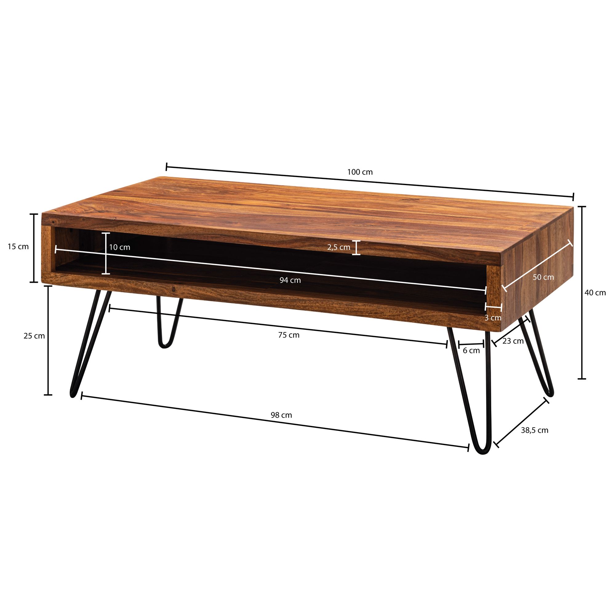 FineBuy Couchtisch Massivholz 100x40x50 cm Wohnzimmertisch Sofatisch Tisch