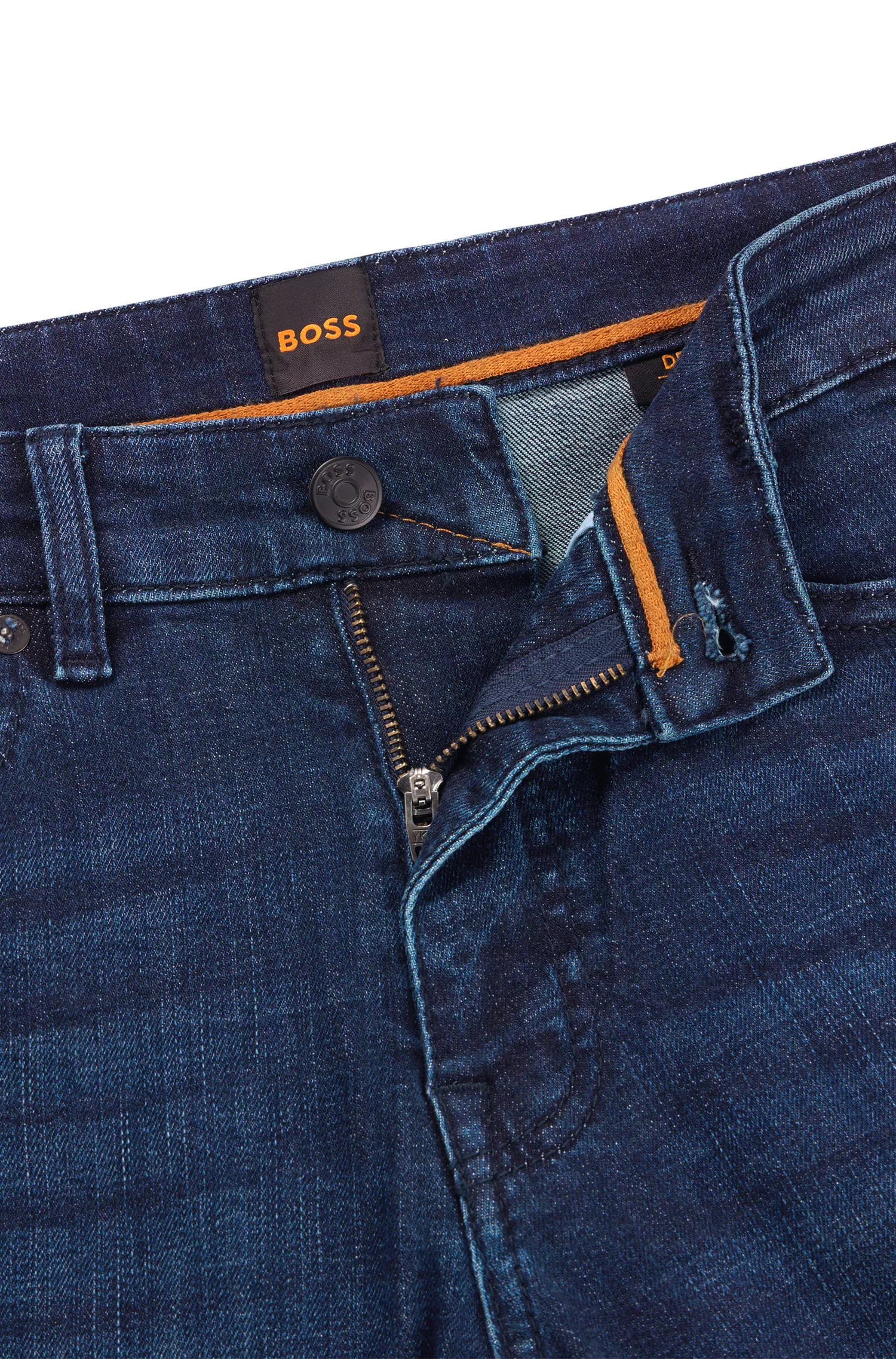 Calça jeans BOSS laranja, corte slim, em denim super elástico azul.