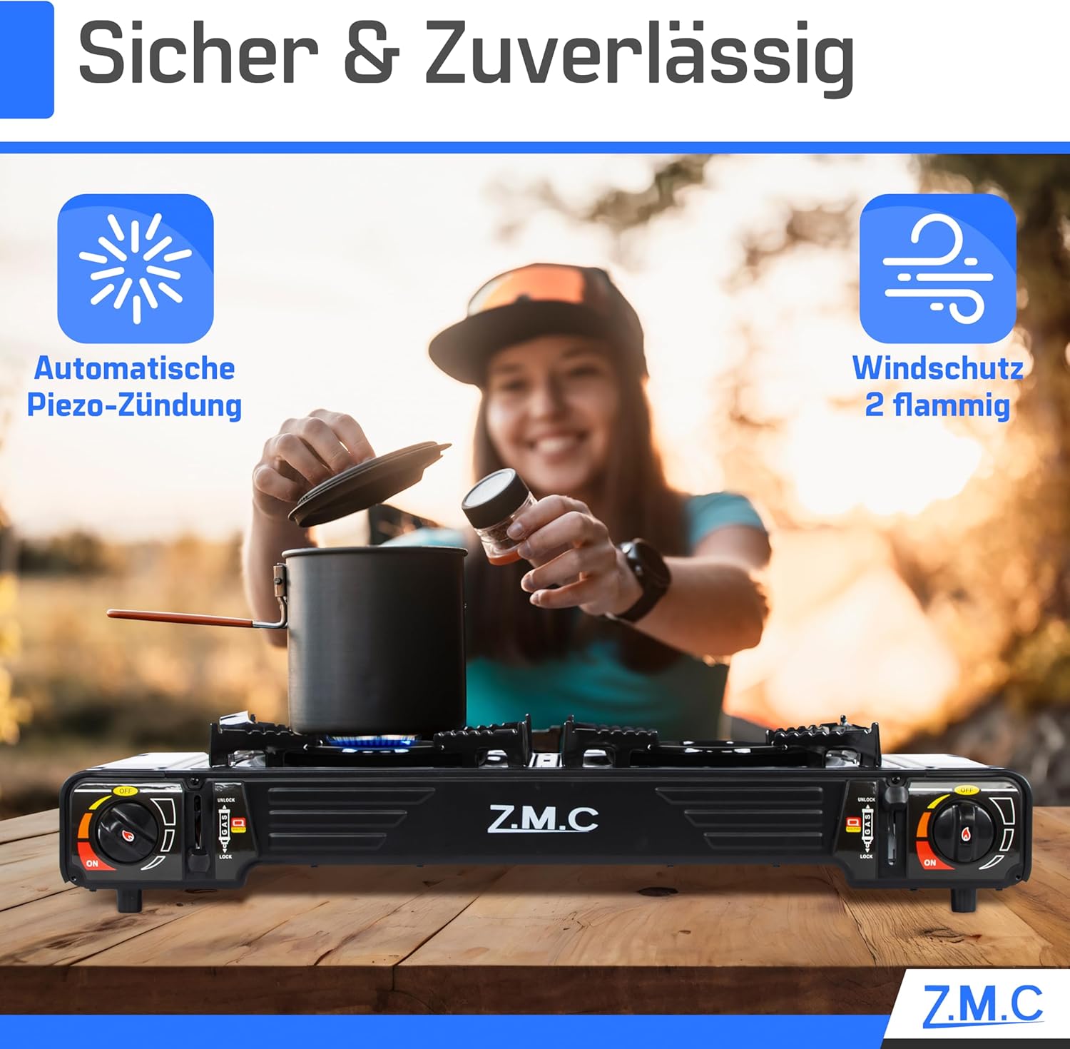 Z.M.C PREMIUM Camping Gaskocher 2-flammig + Grillplatte 45x24 cm + 16 Gaskartuschen 227g, Campingkocher mit Zündsicherung für Outdoor und Innenraum, Balkon Tisch Doppelgaskocher mit Piezozündung