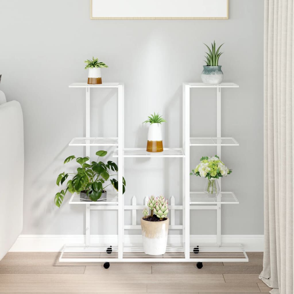 vidaXL Bloemenstandaard op wielen 94,5x24,5x91,5 cm wit ijzer