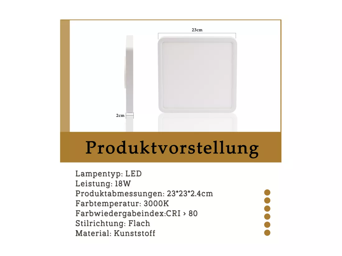 NETTLIFE Plafonnier LED plat 23CM 3000 18W carré chambre blanc LED intégré en permanence