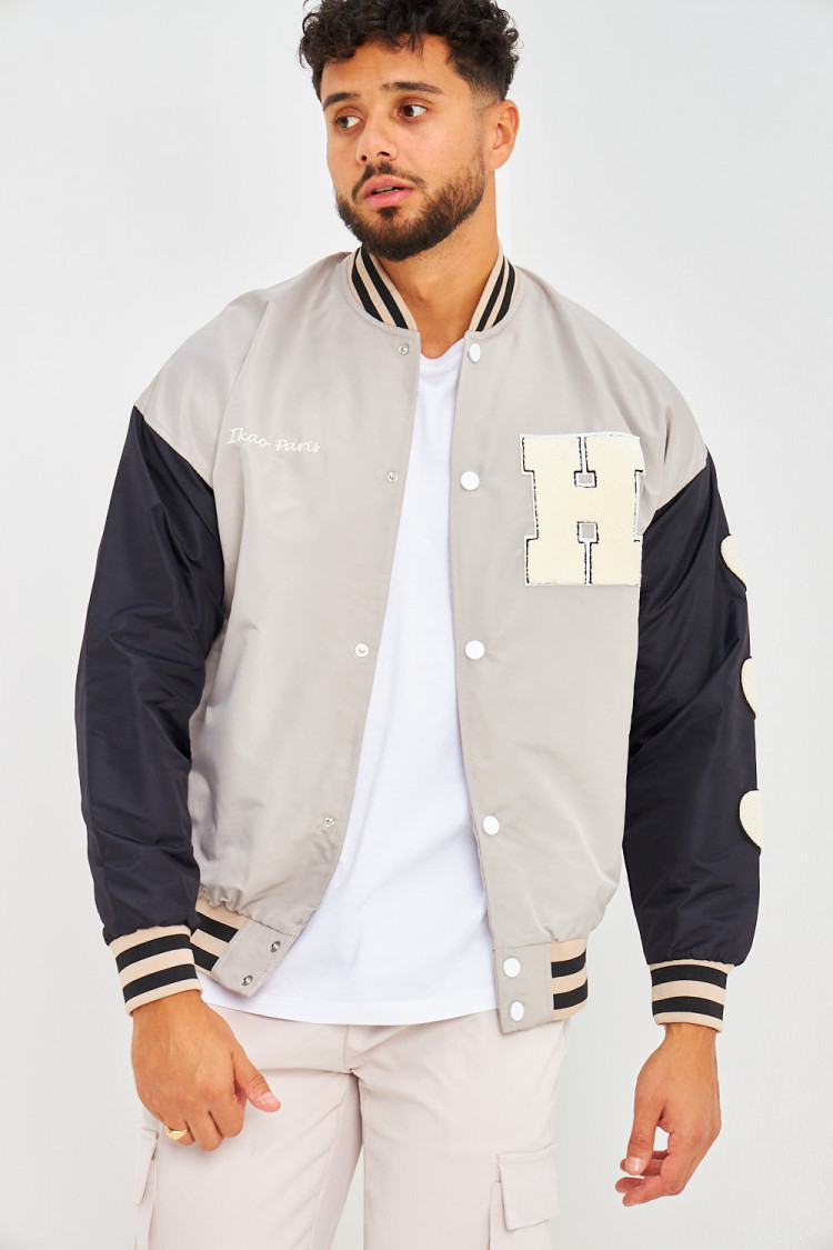 Bomber gris à manches noires brodé 