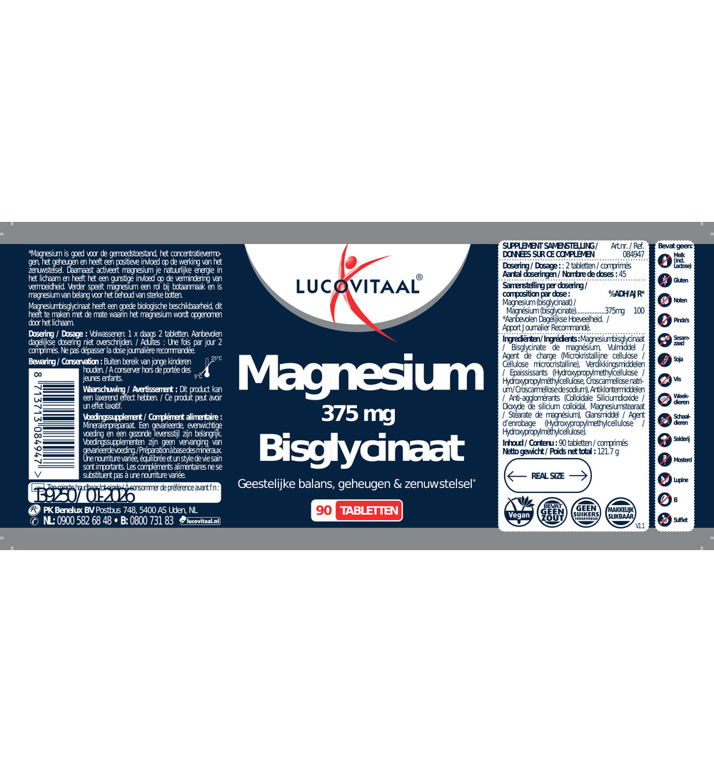 Lucovitaal Magnesium 375mg Bisglycinaat (90 tabletten)
