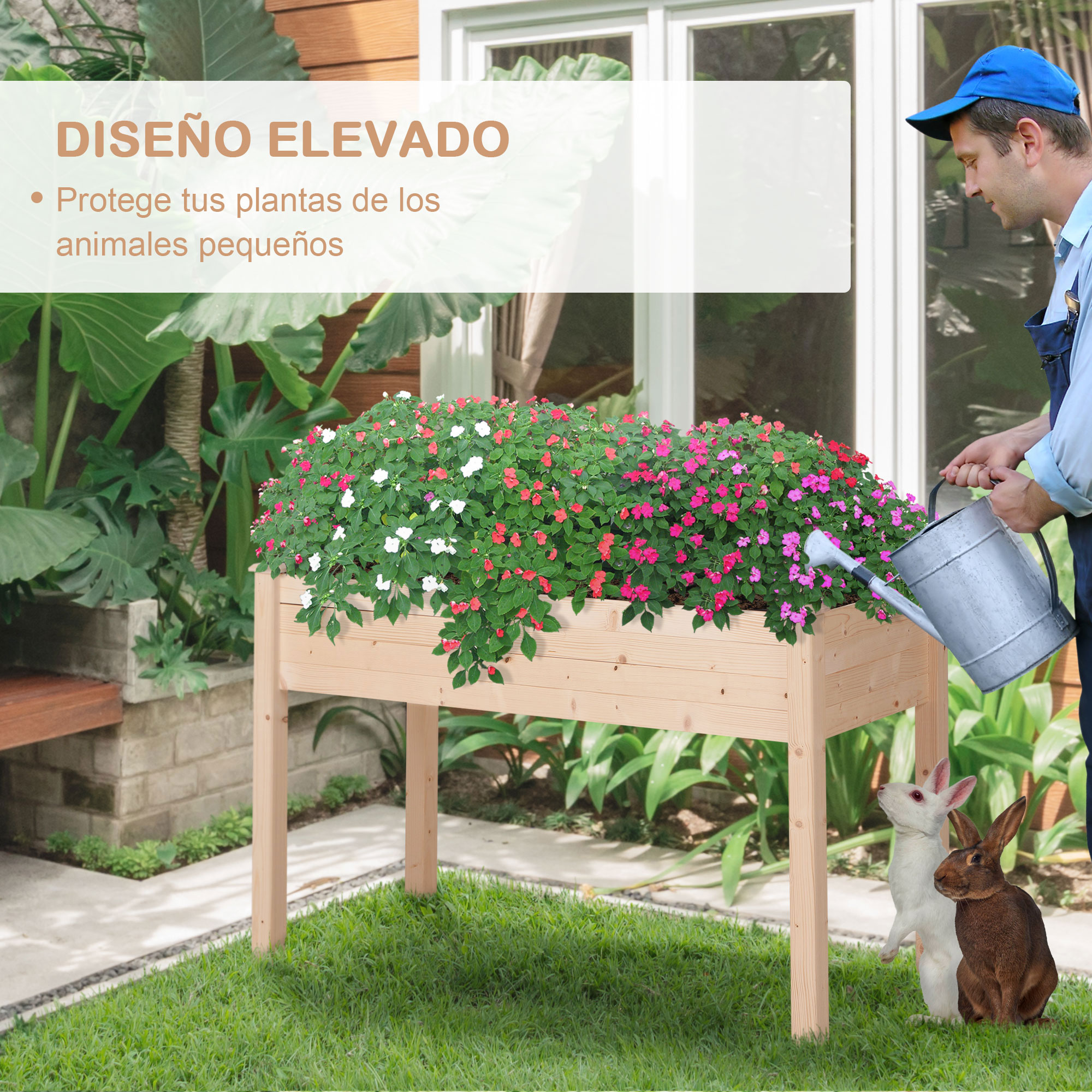Horta urbana elevada de madeira Outsunny, 122,5 x 56,5 x 76 cm, com mesa de plantio elevada, tecido não tecido e 4 orifícios de drenagem para o cultivo de plantas e flores.