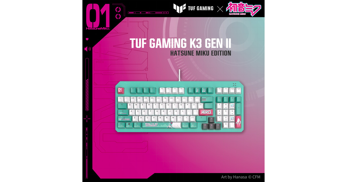 ASUSTUF Gaming K3 Gen II Hatsune Miku Edition, gaming toetsenbord  (Turquoise/wit, US lay-out, opto mechanisch, 96%, RGB)
