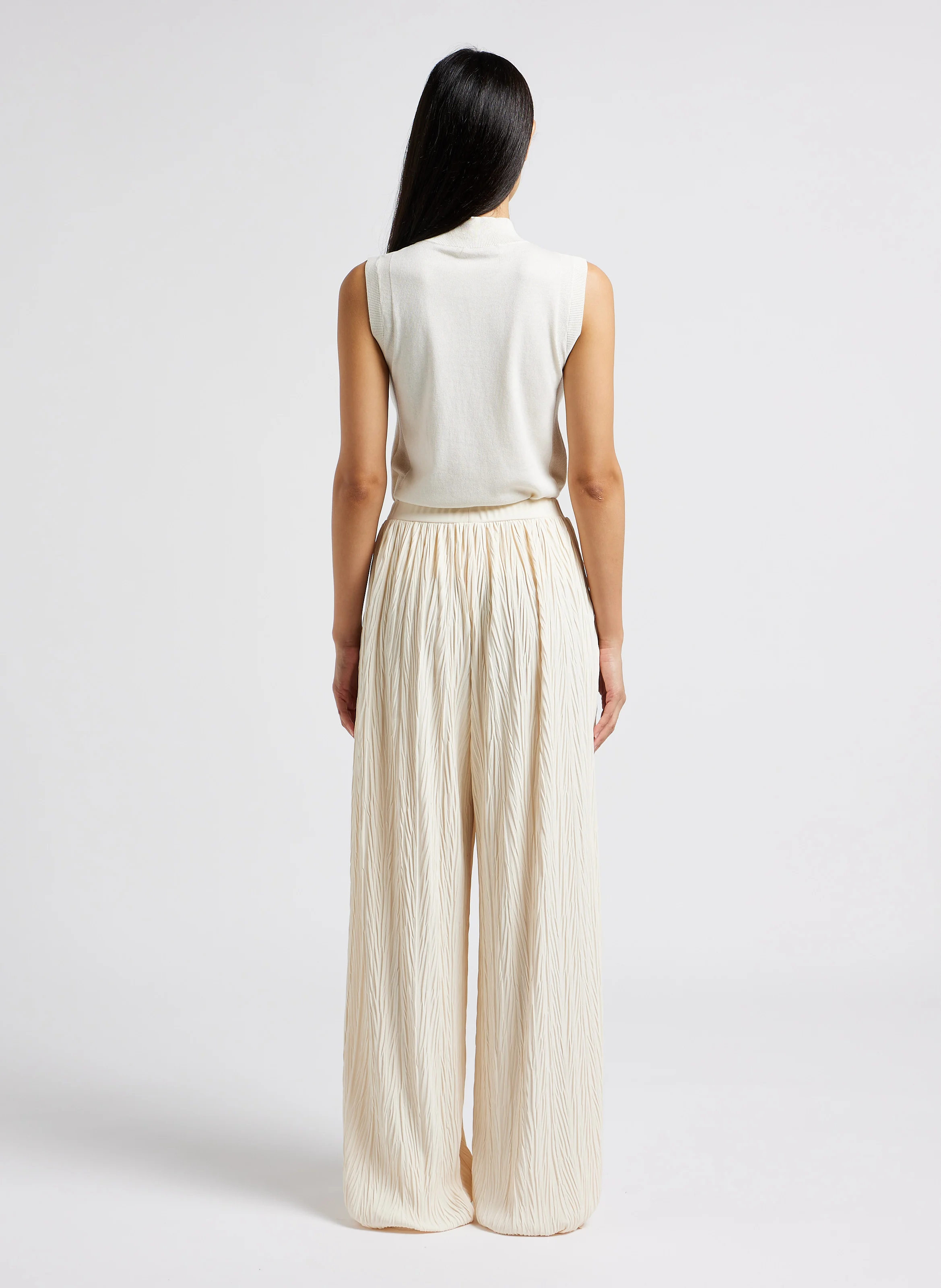 ALFONSA - Pantalon large texturé taille haute | Blanc