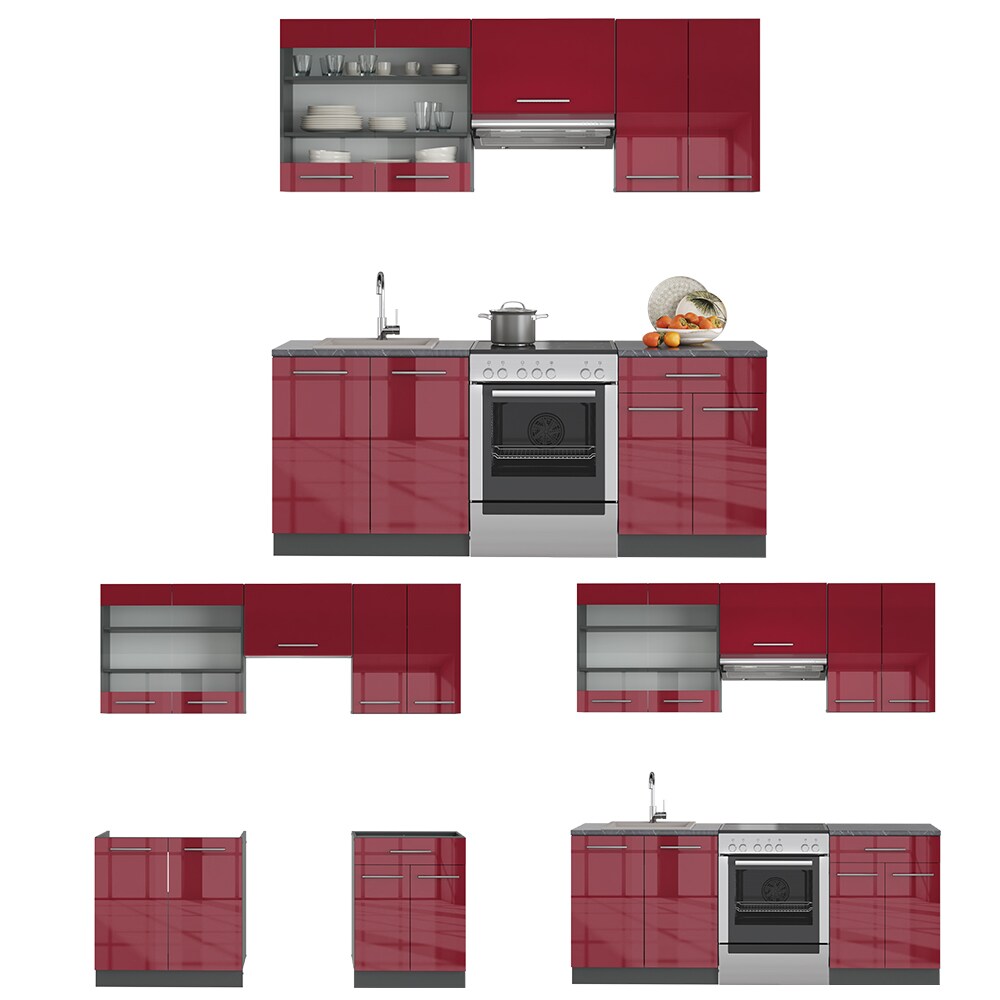 Vicco Küchenzeile Küchenblock Einbauküche 200cm Fame-Line Bordeaux Hochglanz