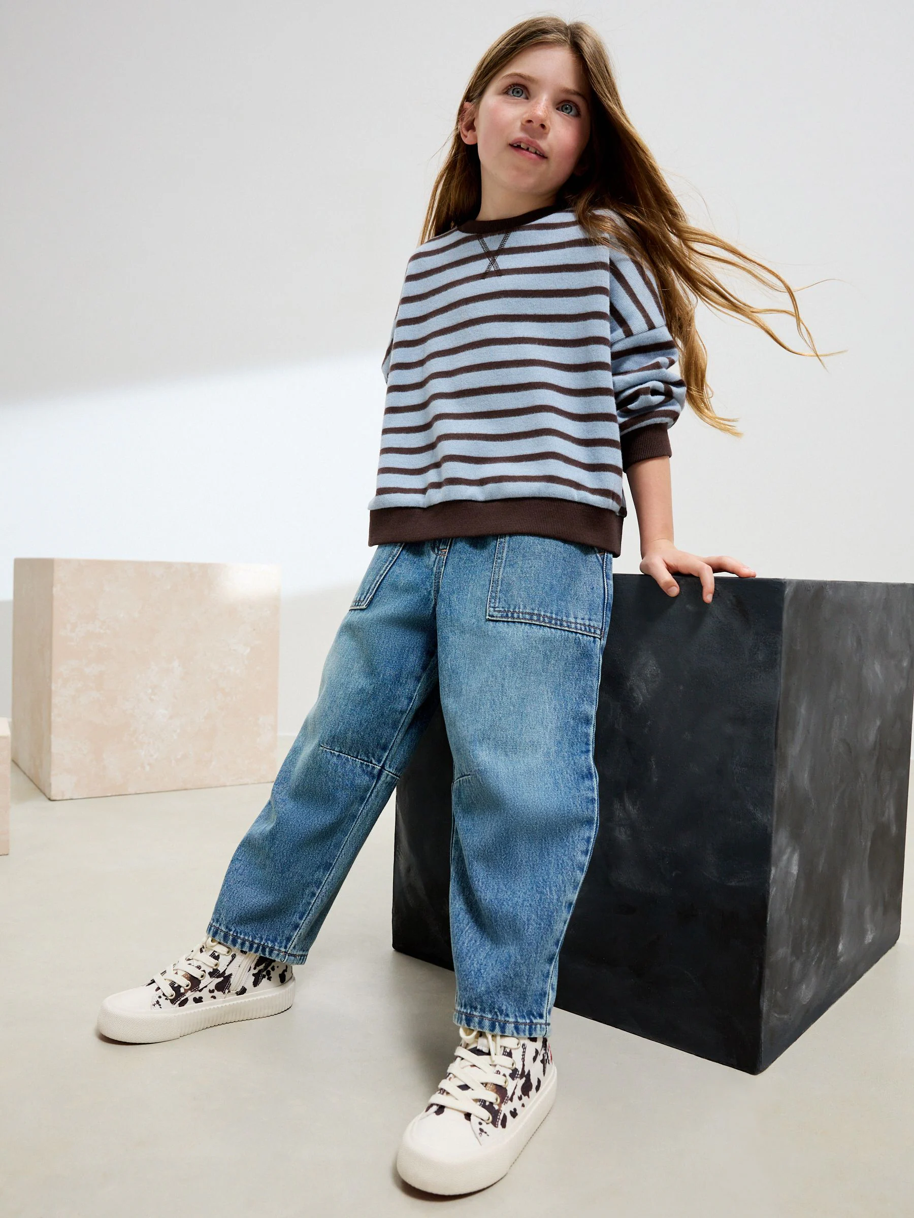 Blauw/bruin gestreept - Oversized behaaglijke ribbelsweatshirt (3 - 16 jr)
