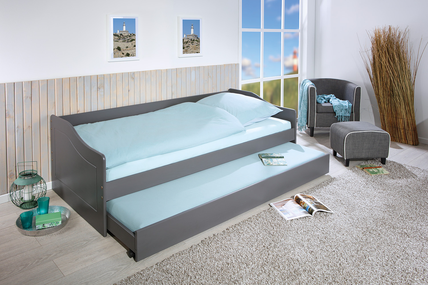 Sofabett MALTE - grau - Massivholz - 2 Liegeflächen