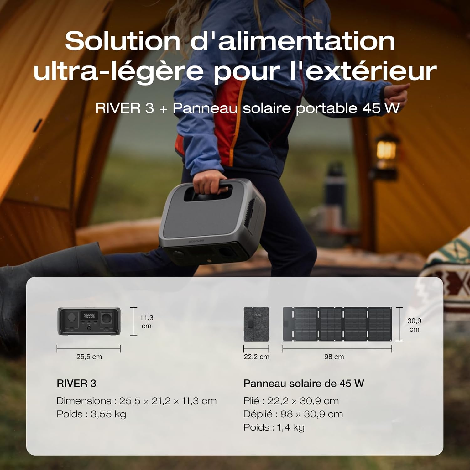 Générateur solaire portable EF EcoFlow RIVER 3 avec panneau solaire 45 W, 245 Wh de capacité, 600 W puissance de sortie, technologie GaN, temps de transfert de < 20ms, station électrique pour camping