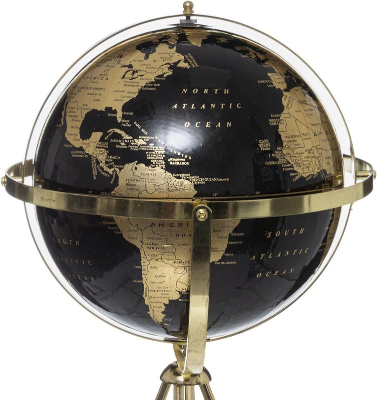 Decoratie wereldbol/globe - zwart/goud - op metalen voet - D34 x H60 cm