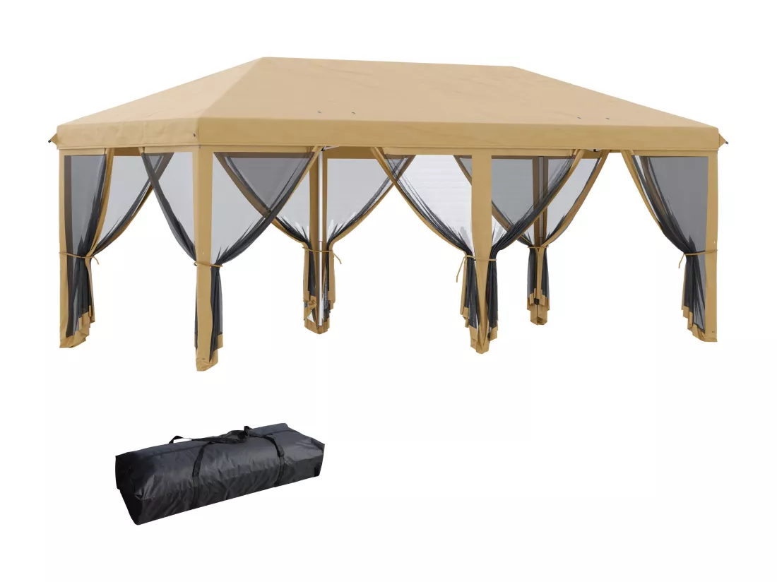 Tonnelle barnum pliant style colonial dim. 5,85L x 2,95l x 2,7H m 6 moustiquaires sac de transport beige noir