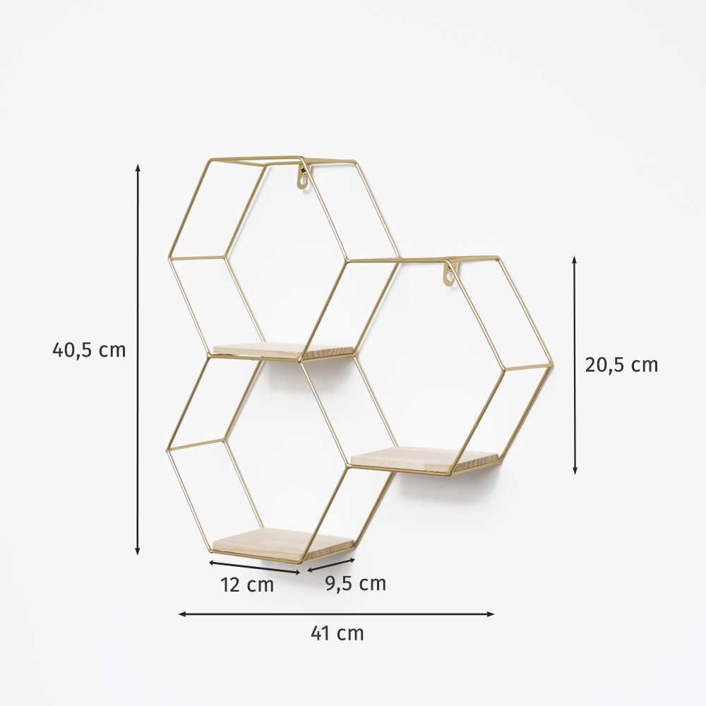 Etagère murale triple hexagonale en métal - 40,5x41 cm - or