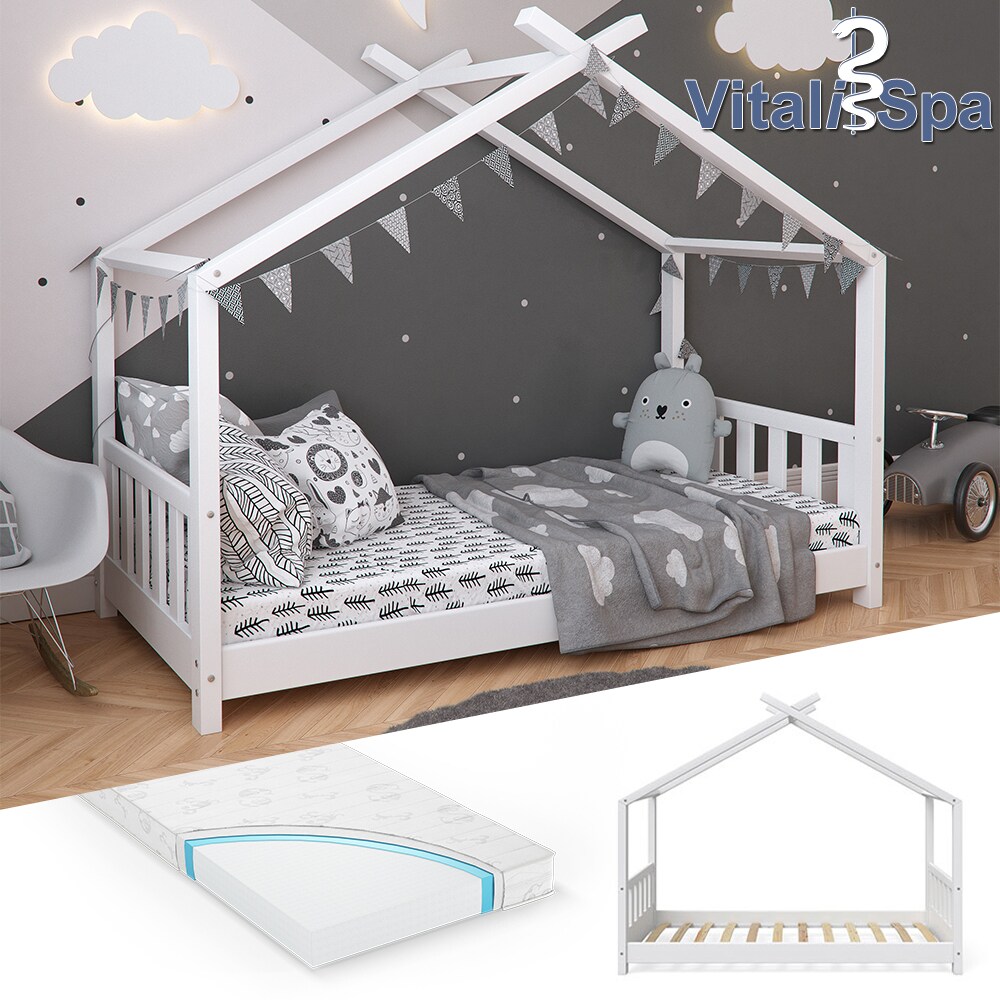VITALISPA Kinderbett Hausbett DESIGN 80x160cm Weiß Zaun Kinder Holz Haus Hausbett mit Matratze