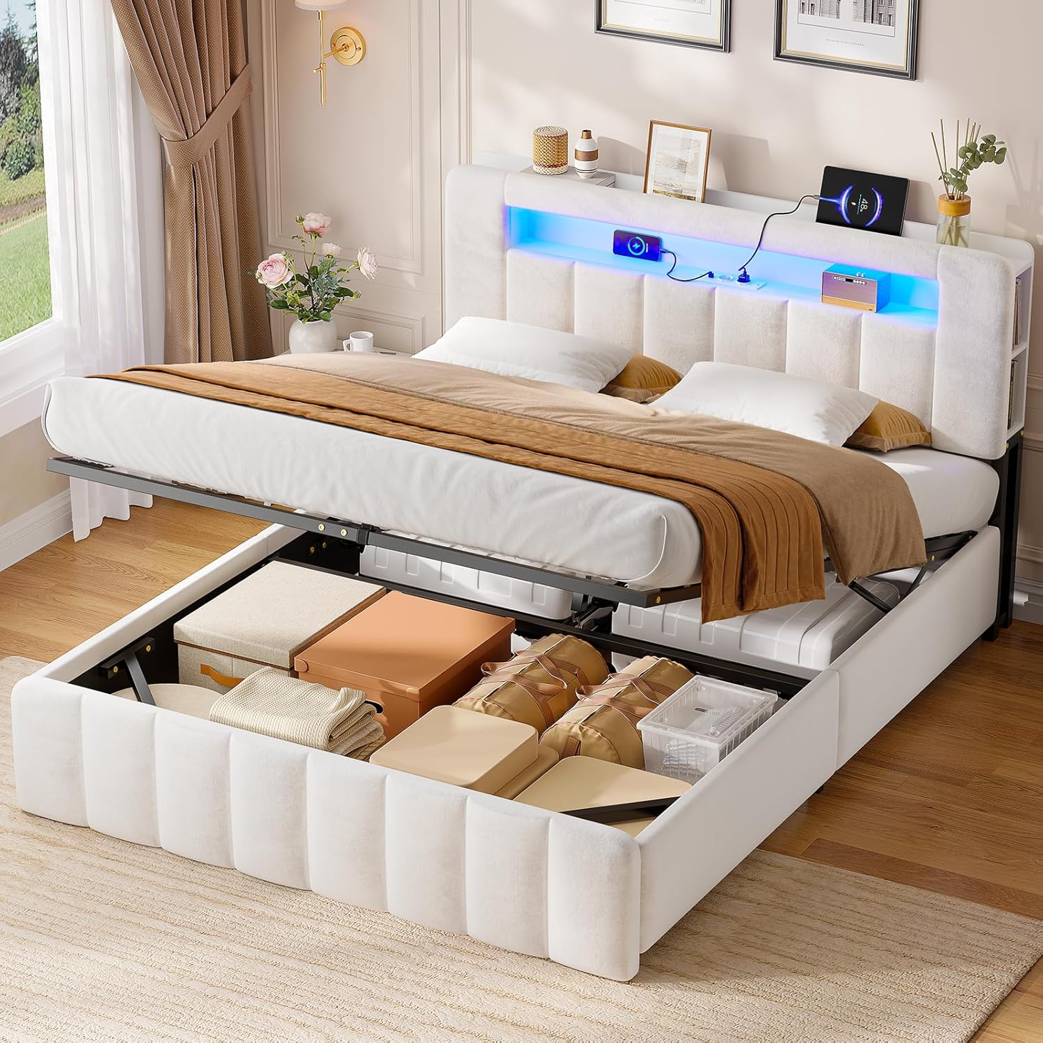 AOGLLATI Polsterbett 140x200 mit Stauraum,Hydraulisches Bett mit LED-Bleuchtung und Ladestation Jugendbett Doppelbett Bettgestell mit Kopfteil aus Samt-Ohne Matratze (Beige Samt, 140x200cm) MQ9280584