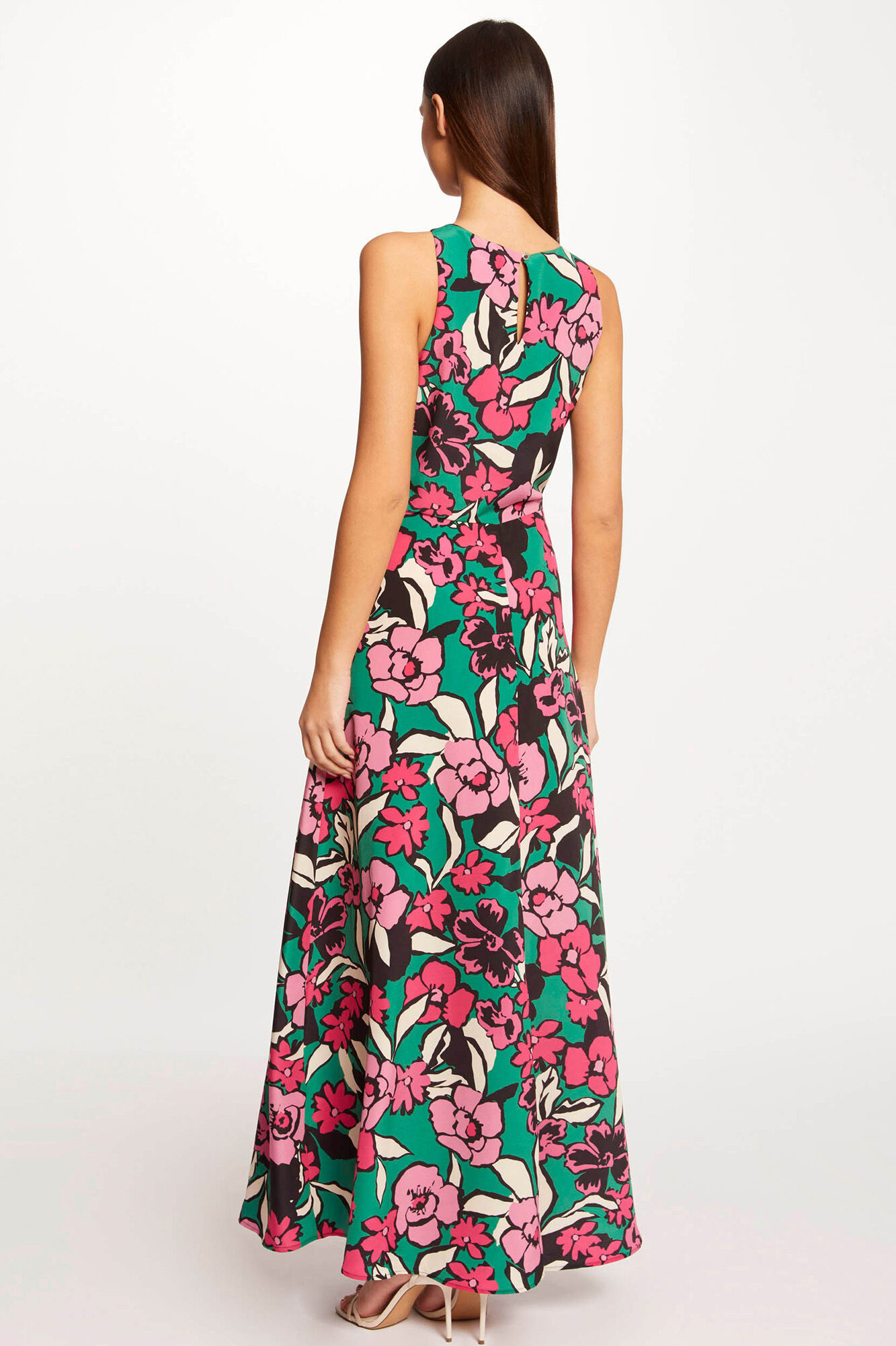 Vestido longo evasê com estampa floral - Multicolorido