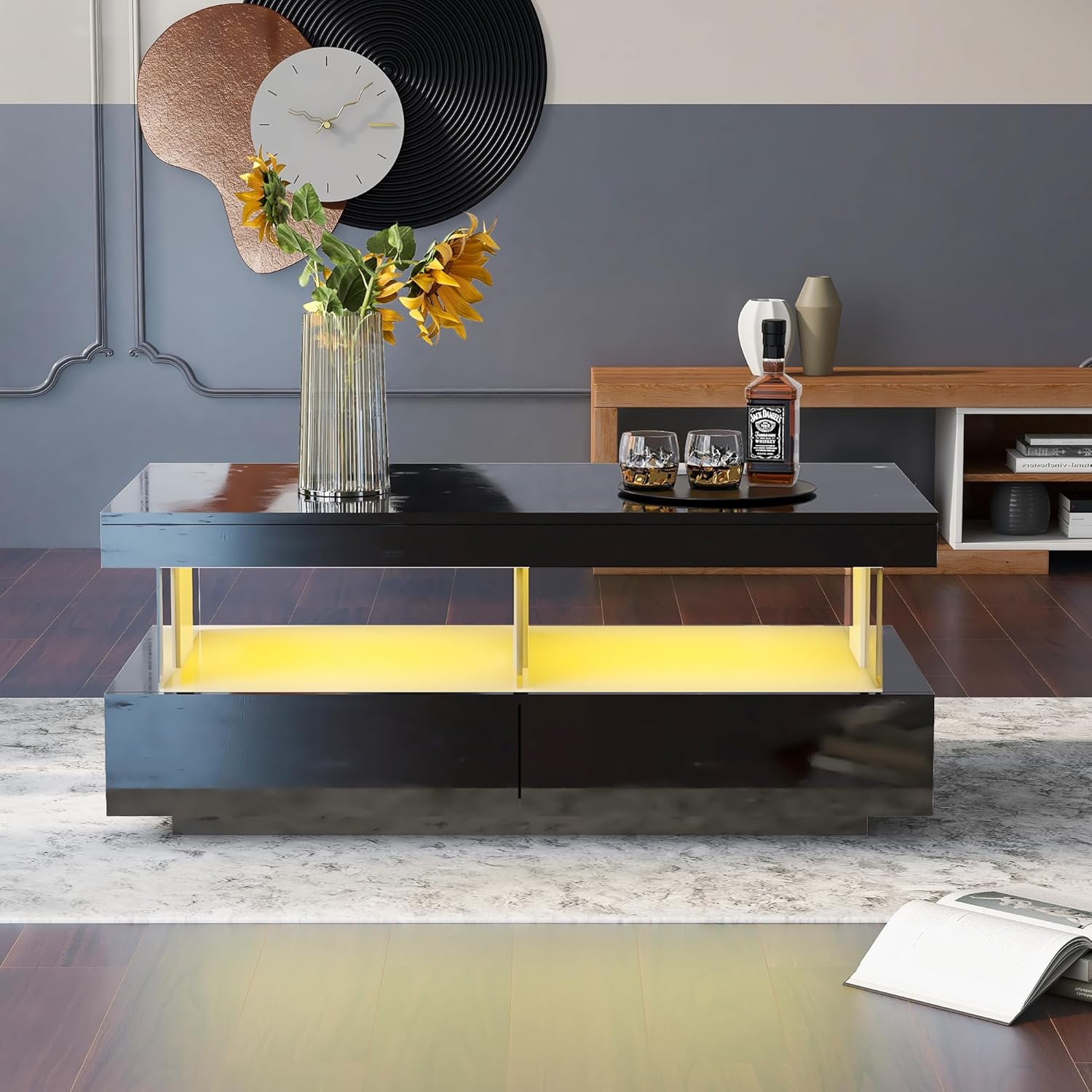 okwish Couchtisch für Wohnzimmer Holztisch Moderner Sofatisch, Schwarz Glanz Kaffeetisch mit LED-Leuchten und 2 Schubladen Lagerung für Zuhause 100 * 60 * 49.5cm