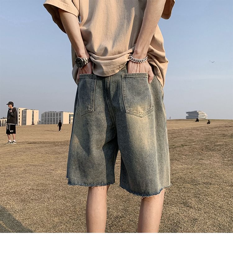 Macho - Mid Rise Washed Fray Denim Shorts
