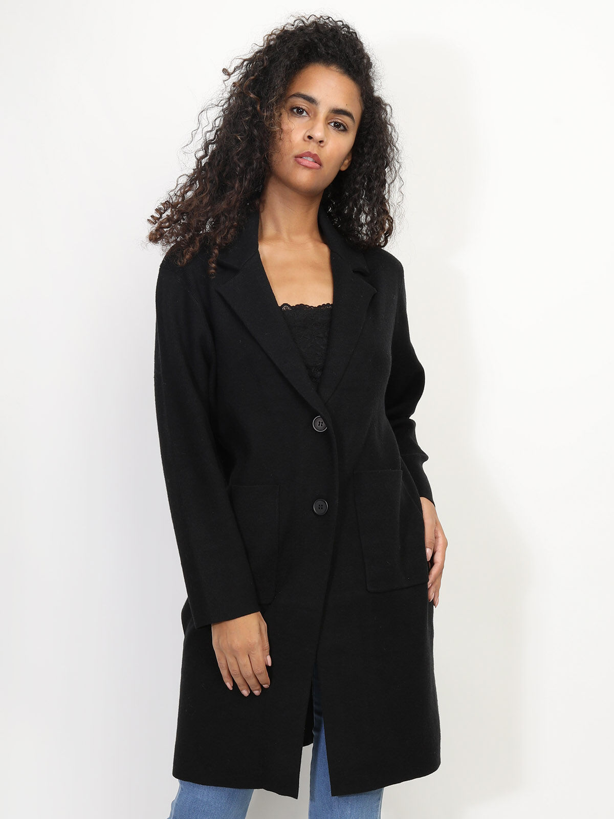 Gilet mi-long avec poches et revers de col- Noir