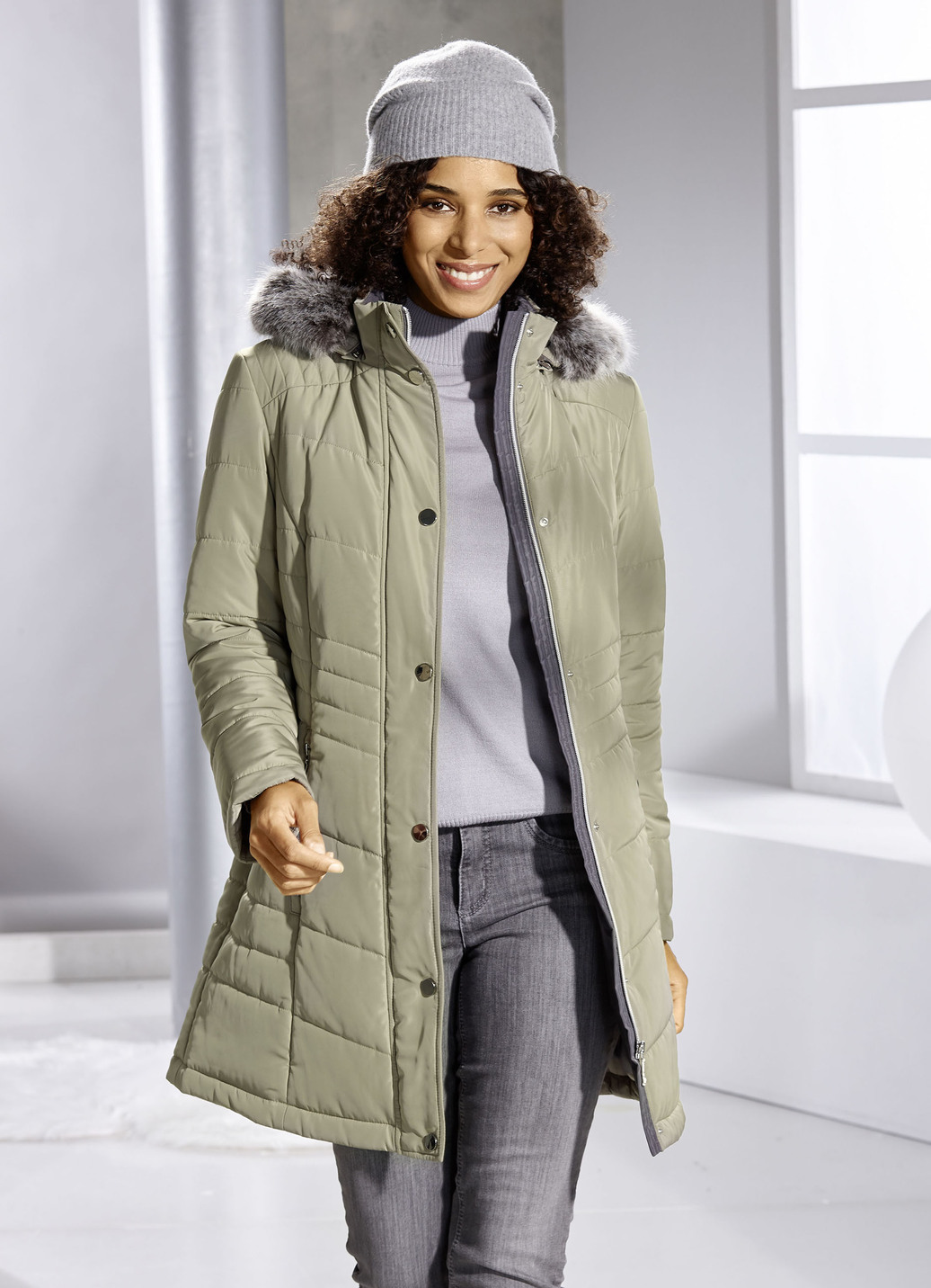 Longjacke mit abnehmbarem Kunstpelz-Besatz