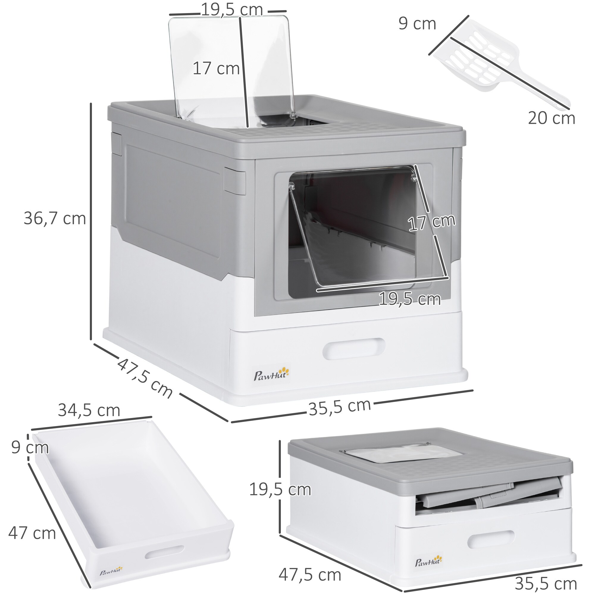 PawHut Katzentoilett mit ausziehbarer Schublade grau, weiß 47,5L x 35,5B x 36,7H cm