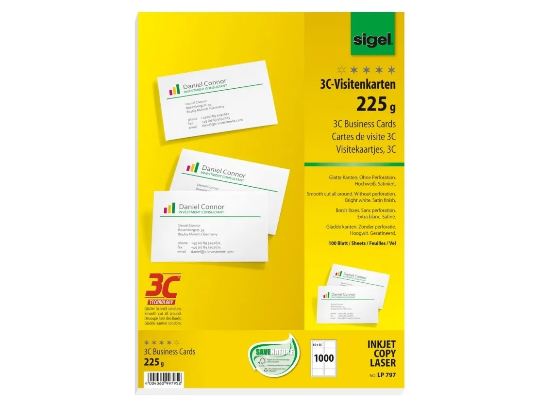 Sigel LP797, Laser/inkjet, Hvid, Satin, 225 g/m², 85 mm, 55 mm