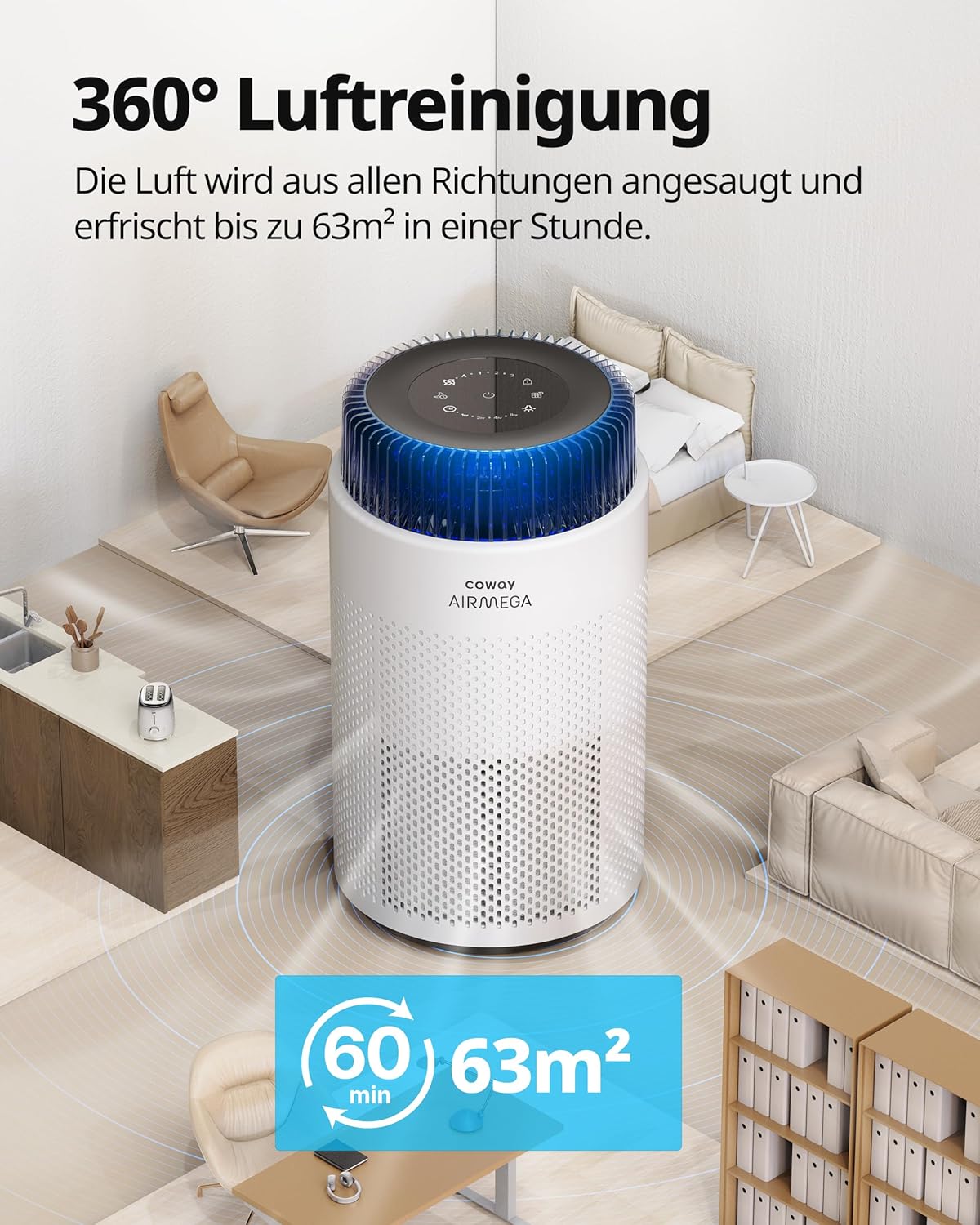 COWAY Luftreiniger Allergiker – Superleise, mit Schlafmodus & Stimmungslicht, entfernt 99,999% Partikel bis 0,01µm, mit ECARF-Siegel, gegen Pollen, Staub & Tierhaare, CADR 244m³/h, AIRMEGA 100