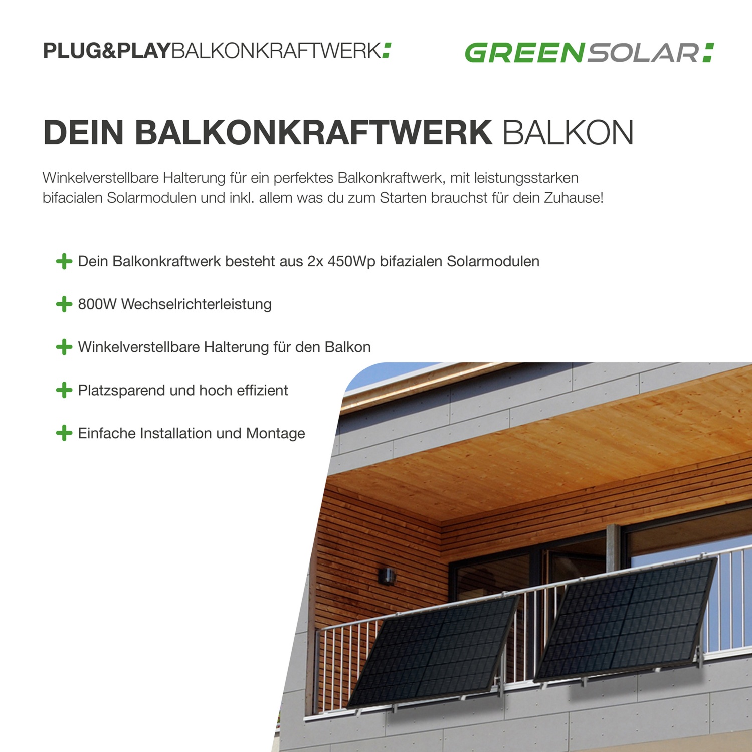 GREEN SOLAR Balkonkraftwerk 900/800 W mit Balkonbefestigung