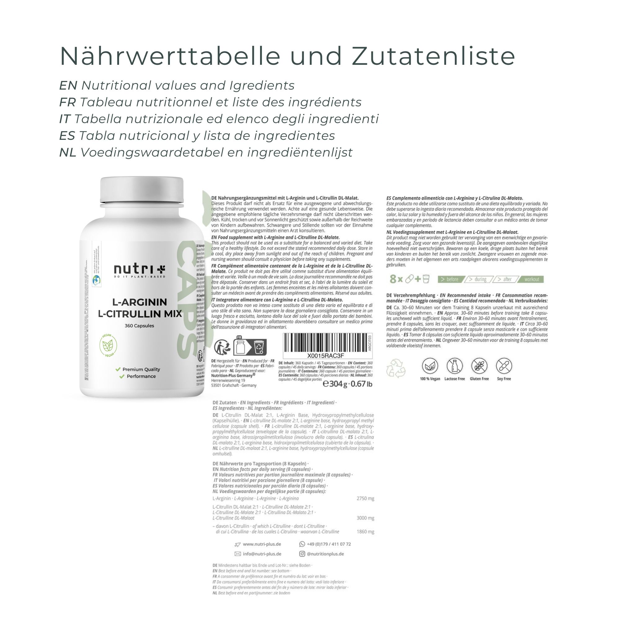 Nutri+ L-Arginin L-Citrullin Kapseln 360 Stück Aminosäure