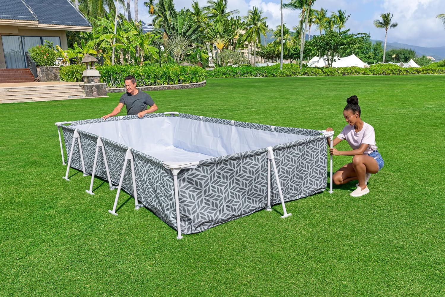 Bestway Steel Pro Frame Pool Set mit Filterpumpe 366 x 201 x 66 cm, Blattform-Design, eckig