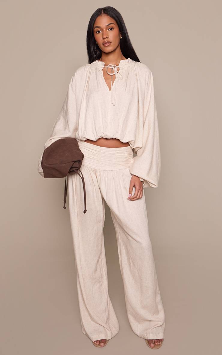 Beige Pantalon Taille Haute Froncée En Lin Pour Grandes Tailles - Ensemble Coordonné