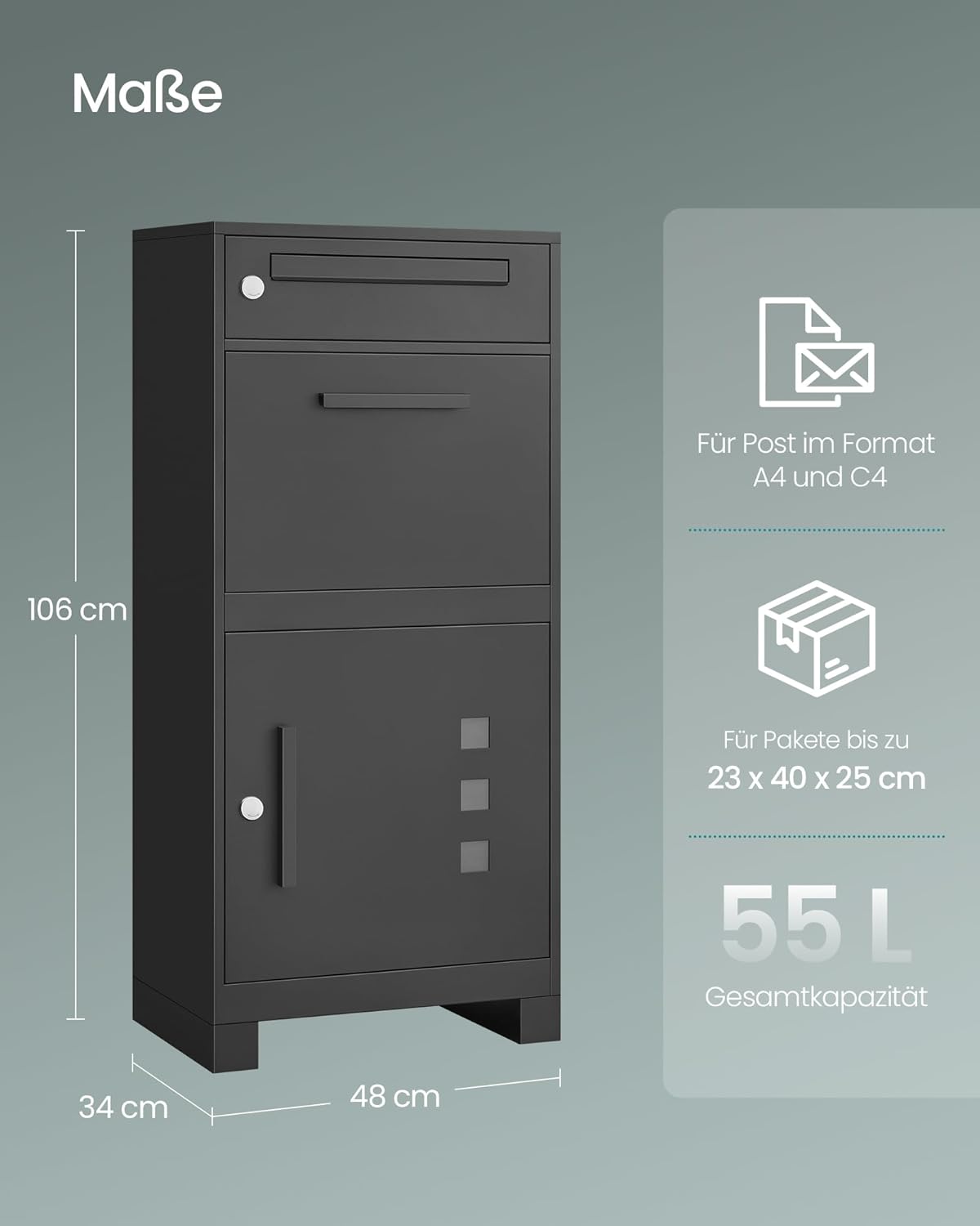SONGMICS Paketbox, Paketbriefkasten, Briefkasten mit Paketfach, Paketkasten XXL, für Briefe, Pakete, Schloss mit Abdeckung, 2 Schlüssel, Stahl, anthrazitgrau GMB091B01