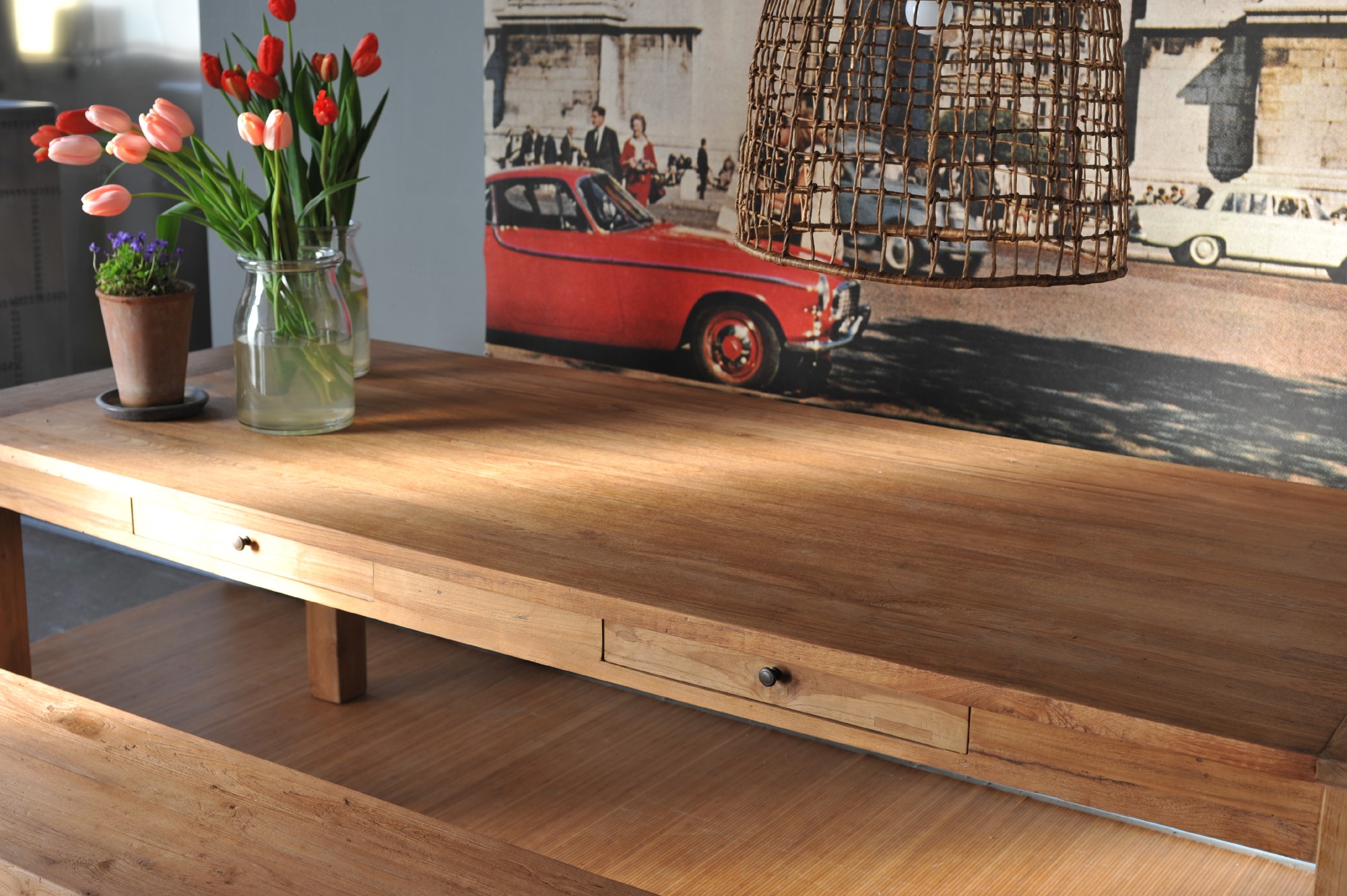 Holztisch aus recyceltem Teak mit 4 Schubladen, natur, L 300 cm, B 110 cm, H 79 cm von fischer's lagerhaus