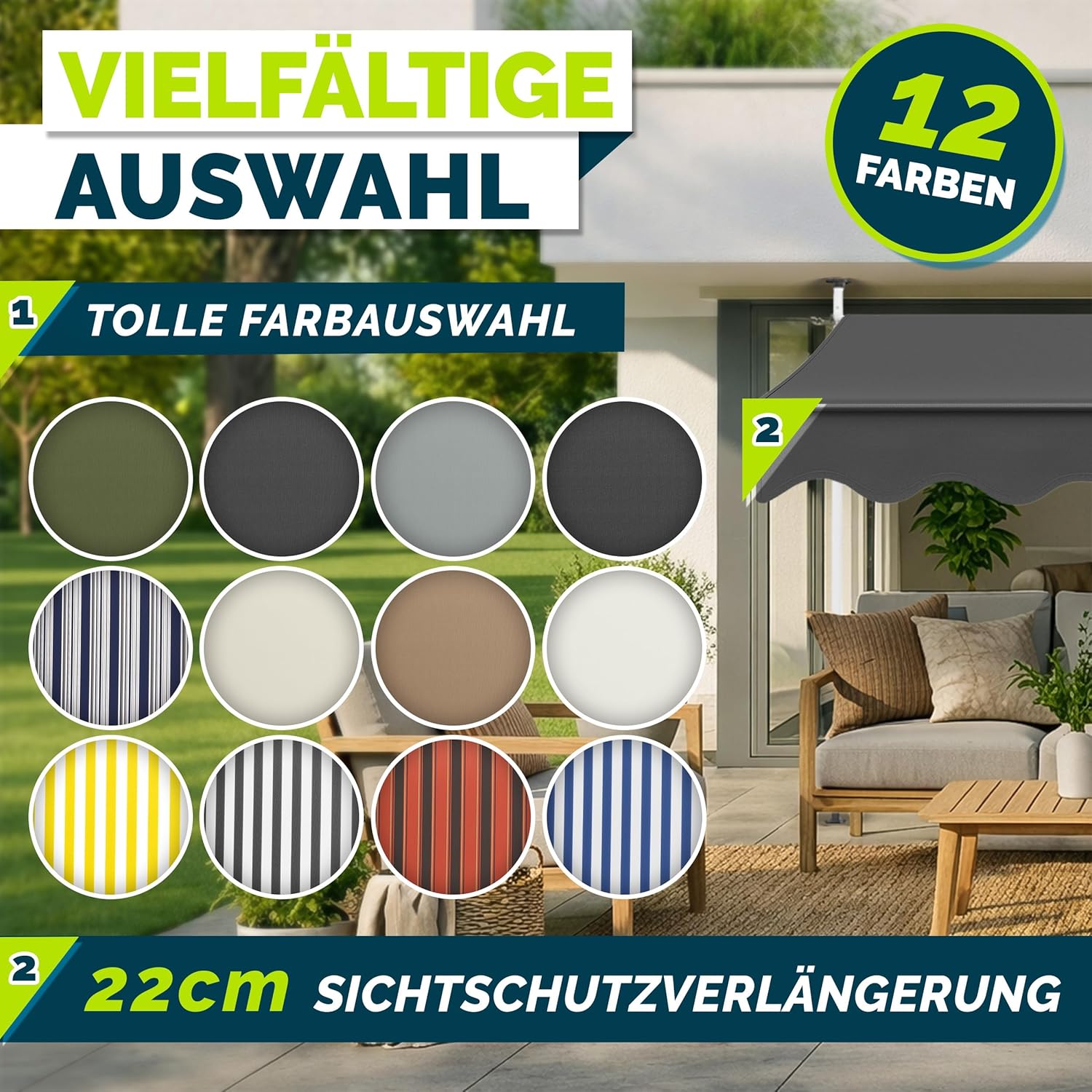 tillvex Klemmmarkise mit Handkurbel & LED Lichterkette Balkon | Balkonmarkise ohne Bohren | Markise UV-beständig & höhenverstellbar | Sonnenschutz Terrasse & Garten wasserdicht (Grau, 300cm)