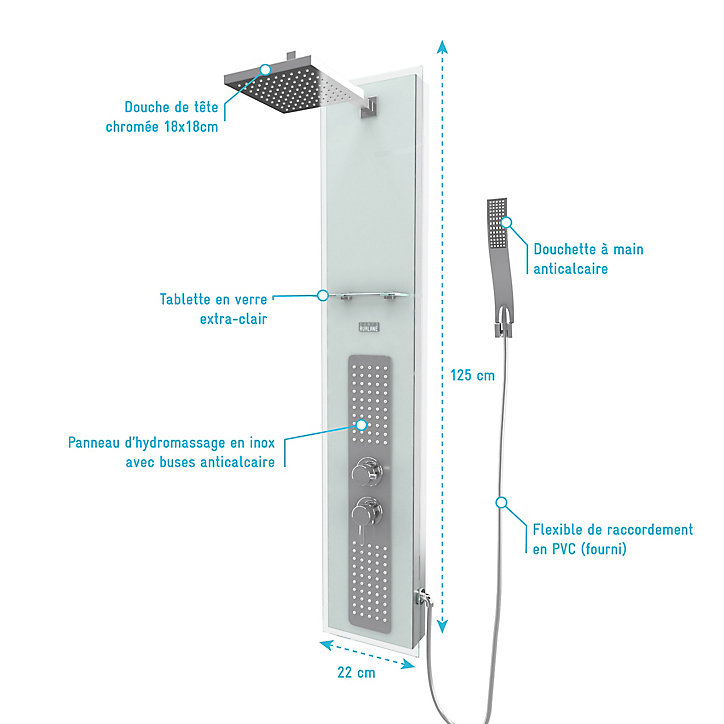 Colonne de douche hydromassante mécanique avec pommeau + douchette + flexible, blanc, Galedo Crystal