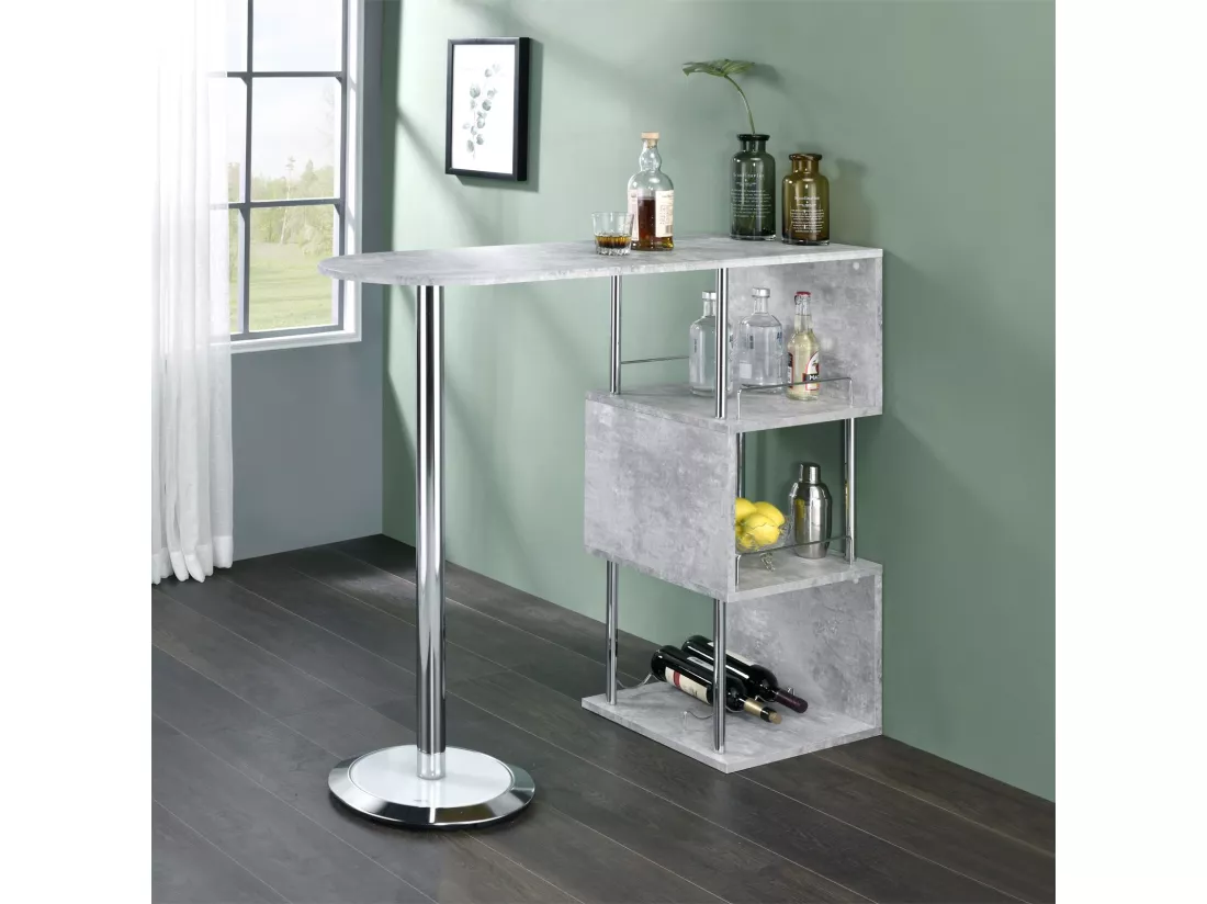 Table haute de bar VIGANDO mange-debout comptoir avec 3 étagères dont 1 porte-bouteilles, en métal chromé et plateau MDF décor béton
