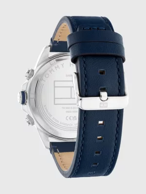 Relógio com pulseira de couro azul-marinho com revestimento iônico