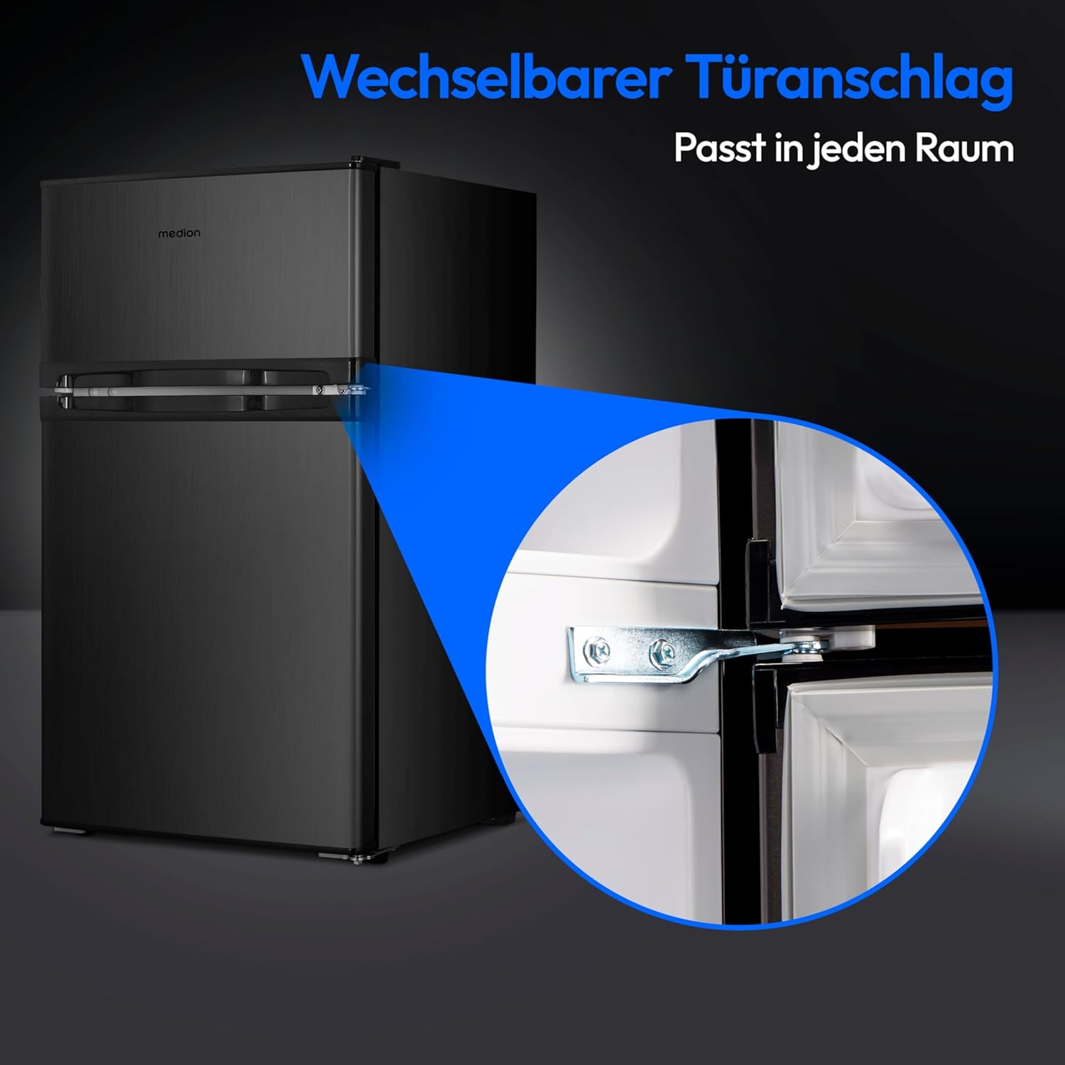 MEDION Mini Kühl-Gefrierkombination (85 Liter, 61L Kühlteil, 24L Gefrierteil, freistehend, 40 dB, transparente Gemüseschublade, Türanschlag wechselbar, MD 37689) grau