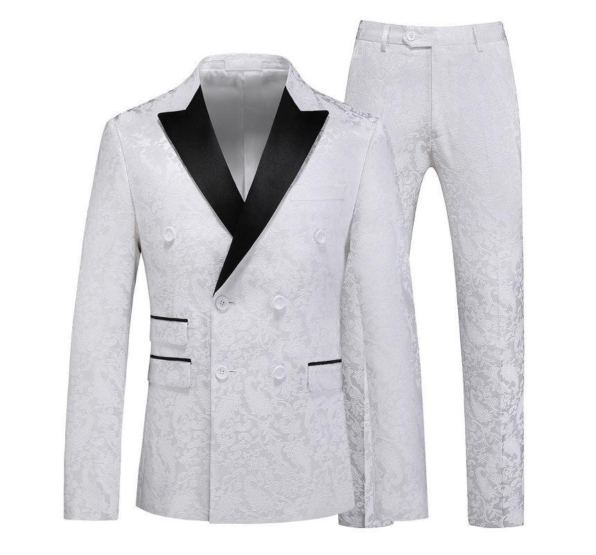 Sheck - Set: Peak Lapel Two Tone Paisley Double-Breasted Blazer + Mid Rise Straight Leg Dress Pants