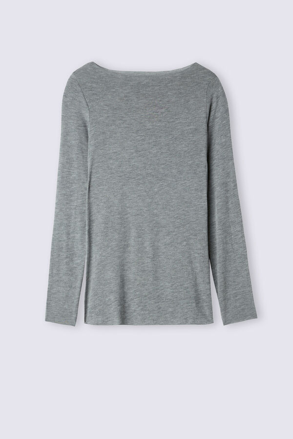 Camiseta de manga comprida ultraleve com decote canoa em cashmere modal