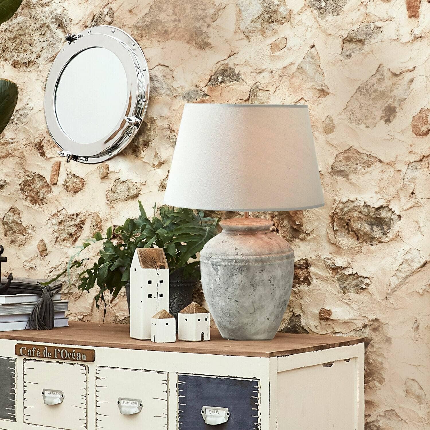 LOBERON® Tischlampe Mosnay, Leinen, Kunststoff, Keramik, Eisen, H/Ø ca. 58/30 cm, beige/antikgrau