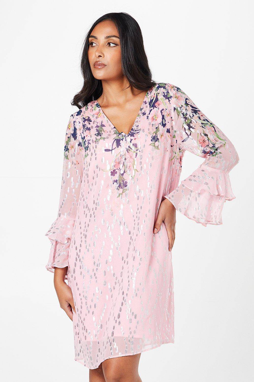 Wallis Robe Droite à Manches Volantées Métallisée Florale Petite
