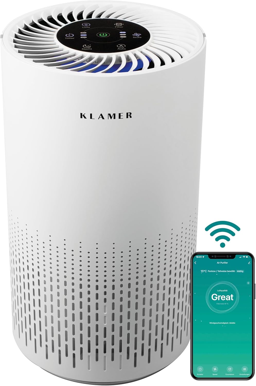 KLAMER Luftreiniger 300i mit HEPA Filter, CADR Spitzenleistung von 220 m³/h, für Räume bis 50m², entfernt bis zu 99,9% Pollen, Staub, Viren und Allergene, 3 Modi inkl. Automatikmodus