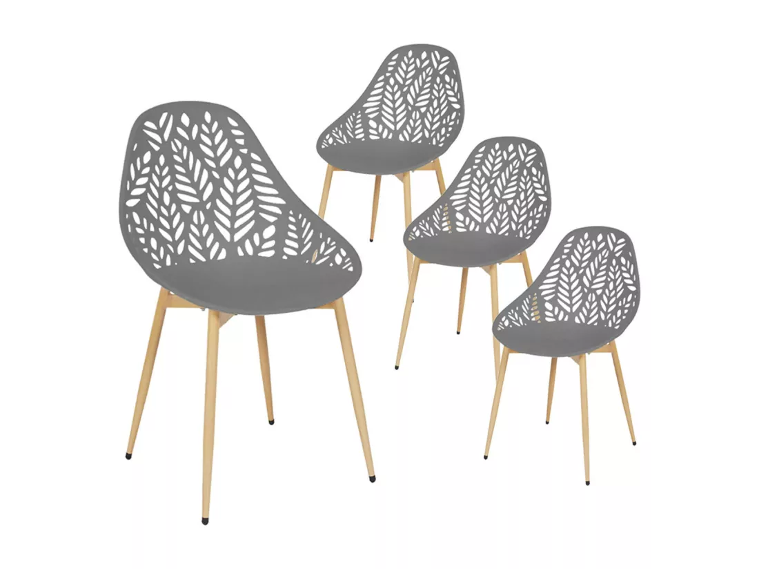 SAYA - Lot de 4 Chaises de Jardin Coque Plastique Ajourée Gris Pieds Métal