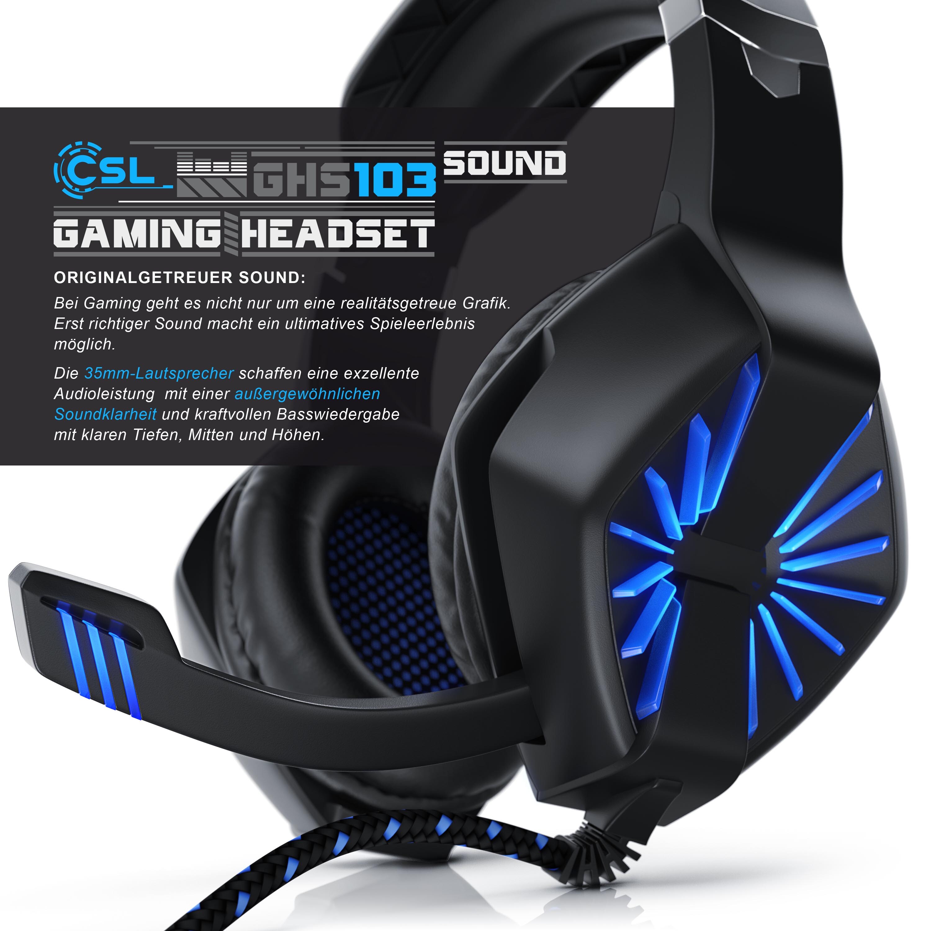 CSL USB Gaming Headset GHS-102 mit Mikrofon - Kopfhörer für PC (Win XP/7/8/8.1/10), PS4/4 Pro