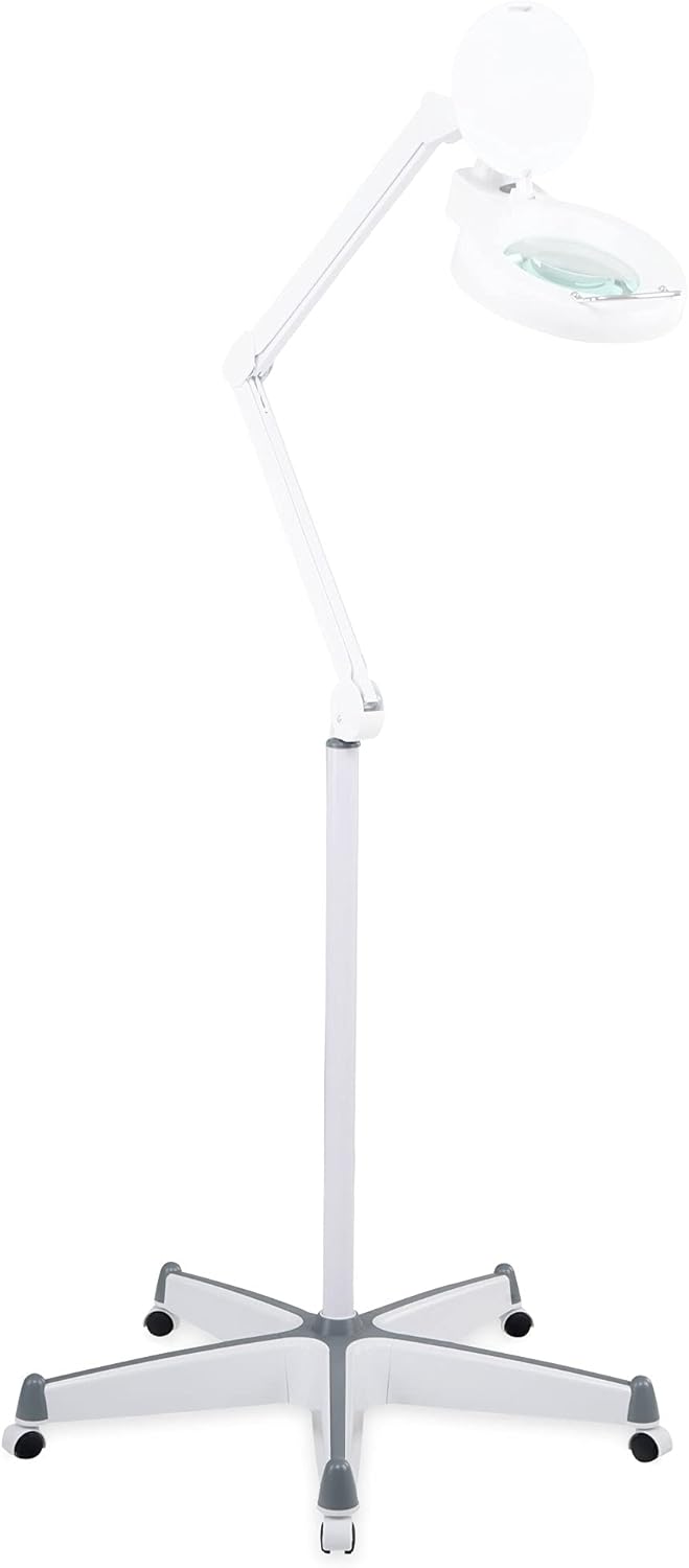 Showlite LL-6085D LED Lupenleuchte 8W 5 Dioptrien Set inkl. Rollenstativ (Lupenlampe, 12,5 cm Linse, 60 SMD LEDs, 2,25-fache Vergrößerung, Rollenstativ, Tischklemme) weiß